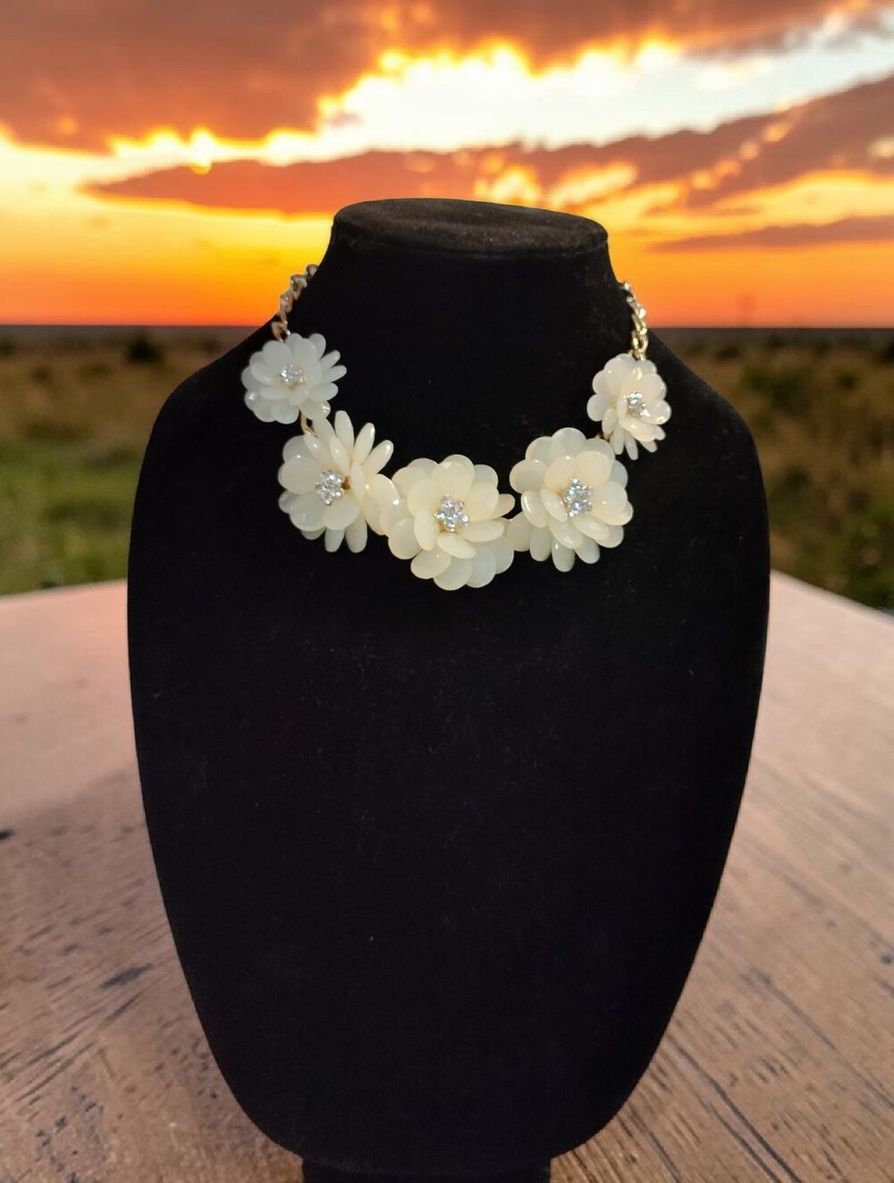 Cream Floral Statement Necklace with Crystal Centers - Picture 2 of 2